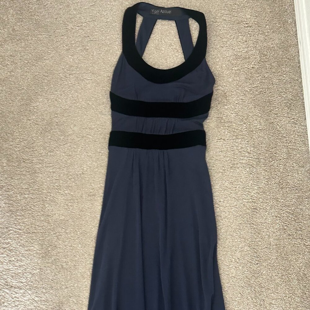 Yigal Azrouël Navy Blue Halter Evening Gown with Velvet Waist Detail | Size S